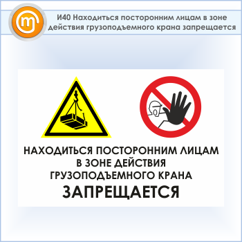Знак «Находиться посторонним лицам в зоне действия грузоподъемного крана запрещается», И40 (пластик, 600х400 мм)